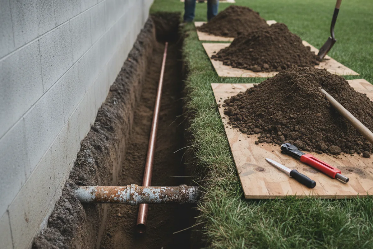 Excavated water line trench during Sewer Line Repair in Buckland